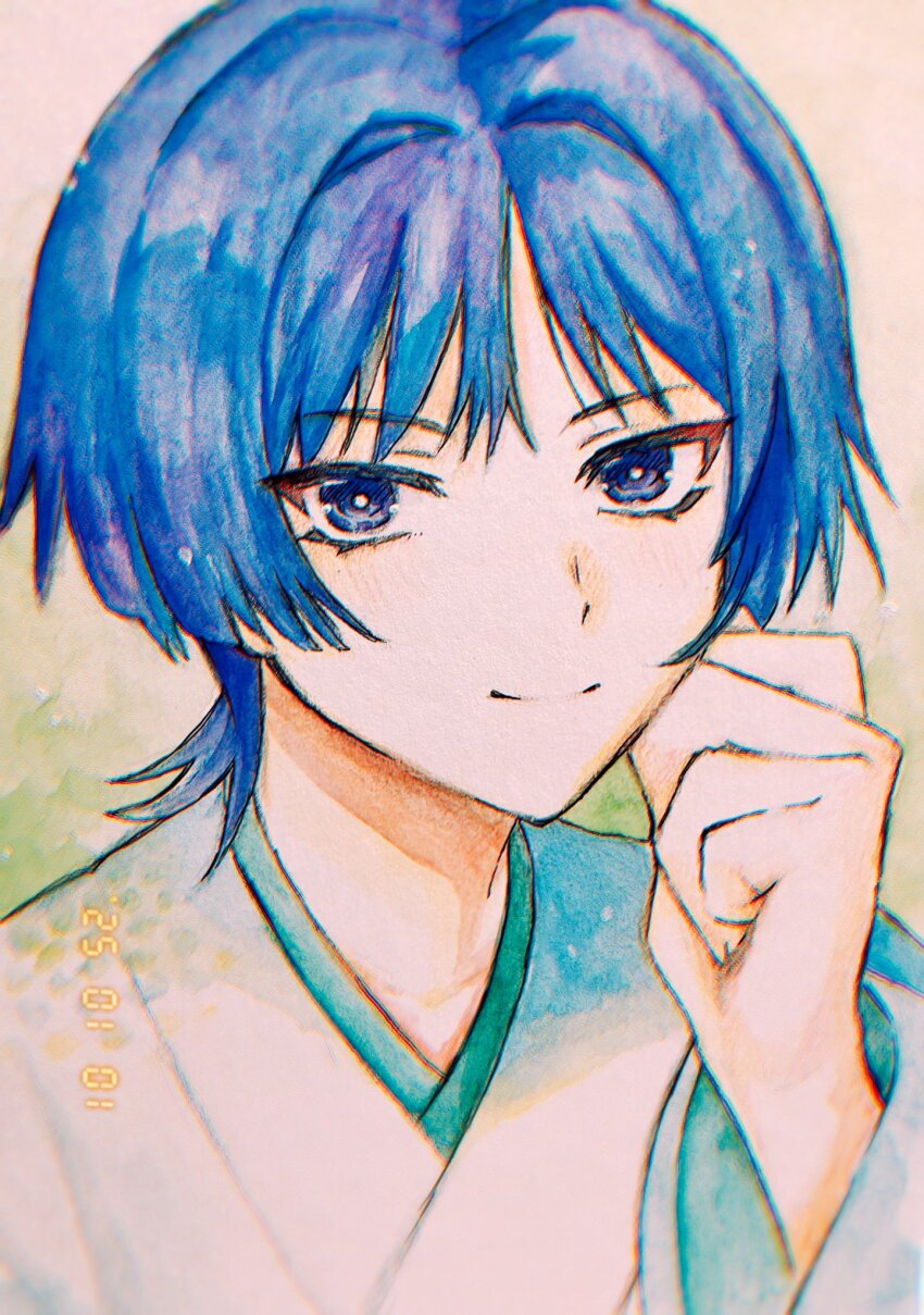 1boy aqua_kimono bright_pupils clenched_hand closed_mouth eyelashes eyeliner eyeshadow genshin_impact hag_(hag_015) han&#039;eri hand_on_own_face hand_up highres japanese_clothes kimono layered_kimono looking_at_viewer makeup male_focus portrait purple_eyes purple_hair red_eyeliner red_eyeshadow scaramouche_(genshin_impact) smile solo traditional_media white_kimono white_pupils white_sleeves