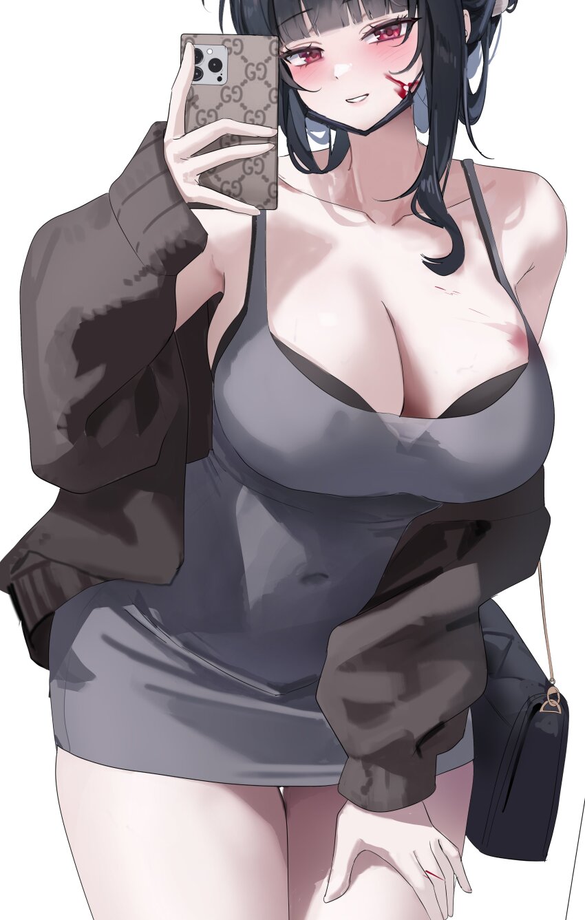 1girl absurdres black_bra blood blood_on_breasts blood_on_face bra breasts covered_navel d_(killer_wife)_(nikke) d_(nikke) dongtan_dress dress goddess_of_victory:_nikke grey_dress highres large_breasts meme_attire pencil_dress simple_background solo underwear white_background yam_s2