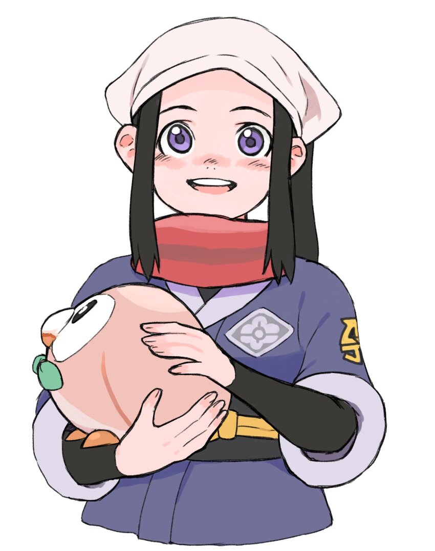 1girl :d akari_(pokemon) black_hair galaxy_expedition_team_survey_corps_uniform gan2 gen_7_pokemon headscarf highres holding holding_pokemon long_hair nintendo open_mouth pokemon pokemon_(creature) pokemon_legends:_arceus purple_eyes red_scarf rowlet scarf simple_background smile teeth upper_teeth_only white_background white_headscarf