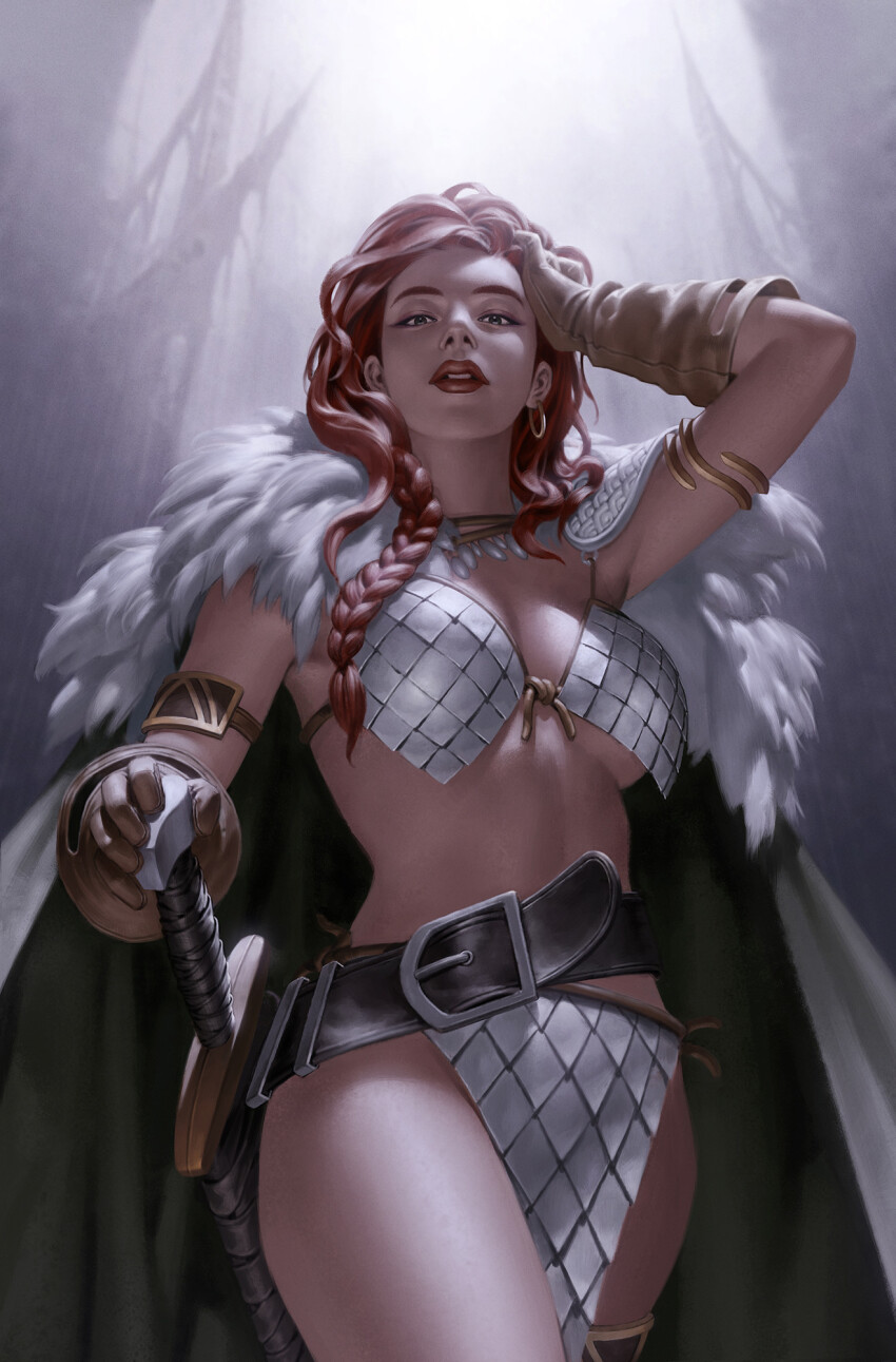 1girl armor belt bikini_armor black_belt braid braided_ponytail brown_gloves cape earrings fur-trimmed_cape fur_trim gloves green_cape green_eyes hand_in_own_hair highres hoop_earrings jewelry looking_at_viewer pauldrons red_hair red_lips red_sonja red_sonja_(comics) scale_armor shoulder_armor single_pauldron solo standing sword weapon yoon_junggeun