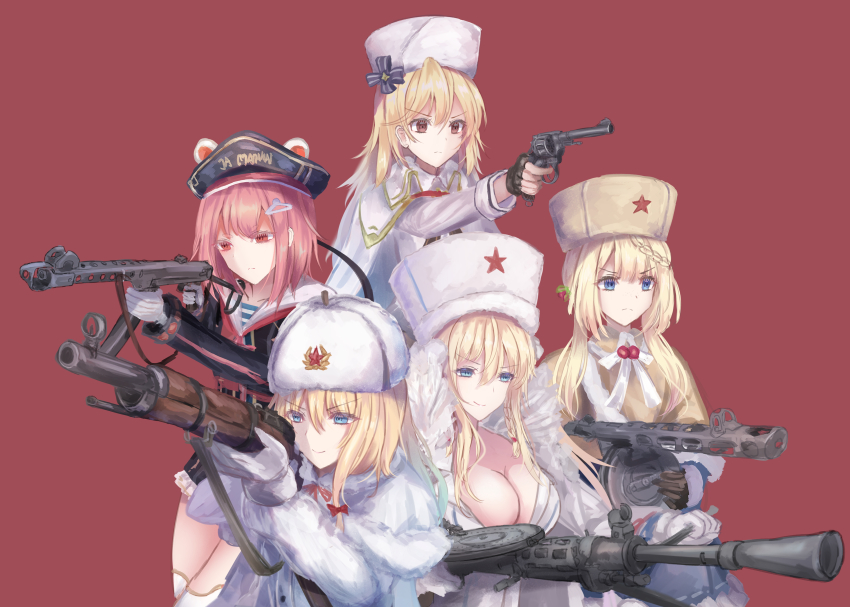 5girls absurdres battle_rifle black_gloves blonde_hair blue_eyes bolt_action braid breasts brown_headwear cleavage closed_mouth coat coat_dress degtyaryov_machine_gun dp-27 dp28_(girls&#039;_frontline) dress drum_magazine fingerless_gloves fur-trimmed_coat fur_hat fur_trim gas-seal_revolver girls&#039;_frontline gloves gun hair_between_eyes hair_ornament hairclip handgun hat high-capacity_magazine highres holding holding_gun holding_weapon large_breasts light_machine_gun long_hair looking_at_viewer machine_gun magazine_(weapon) martinreaction military_hat mosin-nagant mosin-nagant_(girls&#039;_frontline) multiple_girls nagant_m1895 nagant_revolver_(girls&#039;_frontline) pan_magazine papakha pink_hair pps-43 pps-43_(girls&#039;_frontline) ppsh-41 ppsh-41_(girls&#039;_frontline) red_background red_eyes revolver rifle serious shirt single_braid small_breasts smile standing striped_clothes striped_shirt submachine_gun telnyashka weapon white_coat white_gloves white_headwear