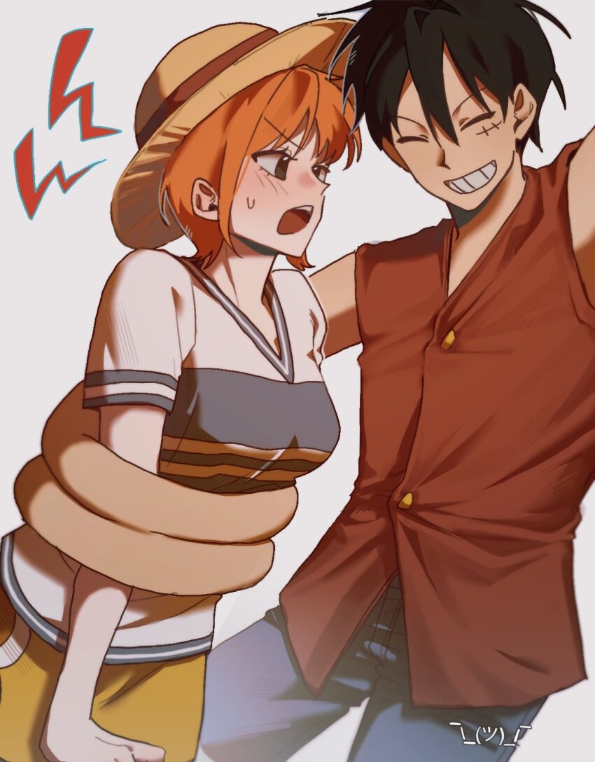 arm_around_waist black_hair blue_shorts blush breasts brown_eyes closed_eyes commentary_request cowboy_shot devil_fruit_power elasticity facial_scar grey_background grin hat highres korean_commentary looking_at_another medium_breasts monkey_d._luffy nami_(one_piece) nami_(one_piece)_(east_blue) one_piece only_op2024 open_mouth orange_hair red_vest scar scar_on_cheek scar_on_face shirt short_hair shorts simple_background skirt smile straw_hat stretched_limb sweatdrop v-neck vest white_shirt yellow_skirt