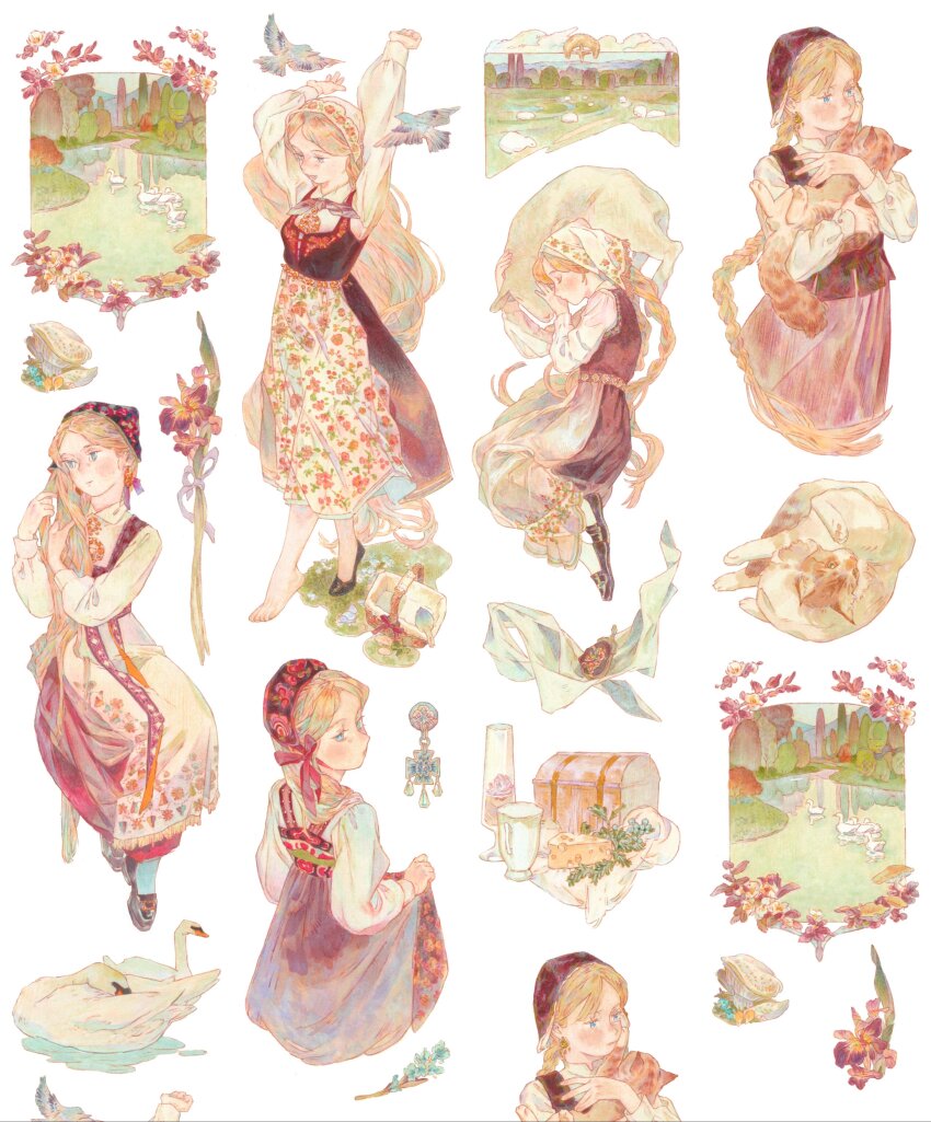 1girl absurdres animal apron arms_up barefoot bird black_footwear black_socks blonde_hair blue_eyes blue_flower braid braided_ponytail cat collared_shirt commentary cropped_torso cup dress drinking_glass earrings embroidery floral_print flower fringe_trim from_behind full_body goat grass hair_over_shoulder hairdressing hands_up headdress highres holding holding_animal holding_own_hair invisible_chair jewelry left_shoe_removed loafers long_hair long_sleeves looking_ahead looking_at_animal looking_at_viewer looking_back looking_to_the_side lying lying_on_animal maid_headdress multiple_views neckerchief on_side orange_hair original painting_(medium) picnic_basket pinafore_dress pond print_apron print_headwear puffy_long_sleeves puffy_sleeves red_dress red_headwear red_neckerchief red_ribbon red_skirt red_vest ribbon shirt shoes simple_background single_braid single_shoe sitting skirt skirt_hold sleeveless sleeveless_dress socks stretching swan symbol-only_commentary traditional_media treasure_chest twin_braids twintails very_long_hair vest waist_apron water watercolor_(medium) white_apron white_background white_headwear white_shirt white_socks wine_glass xiao_hui