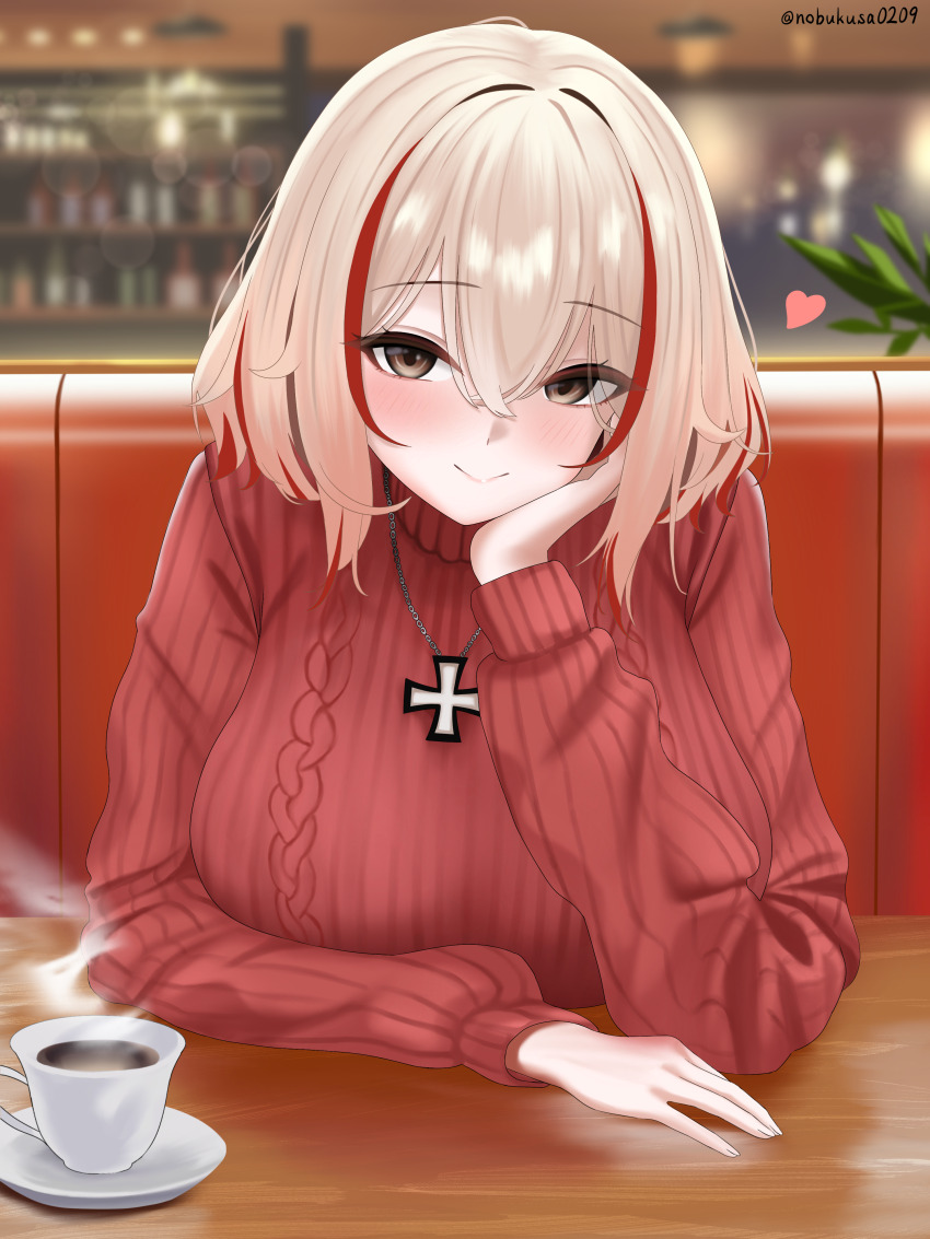 1girl absurdres alternate_costume aran_sweater artist_name azur_lane blonde_hair blurry blurry_background bokeh breasts brown_eyes cable_knit cafe casual chain chain_necklace chin_rest closed_mouth coffee_mug commentary_request cross cup depth_of_field elbow_rest fingernails hair_between_eyes hand_on_own_cheek hand_on_own_face head_on_head head_rest heart highres indoors iron_cross jewelry large_breasts looking_at_viewer mug multicolored_hair necklace nobukusa0209 plant plate pov red_hair red_streaks red_sweater roon_(azur_lane) shelf short_hair sitting smile steam streaked_hair sweater table turtleneck turtleneck_sweater two-tone_hair