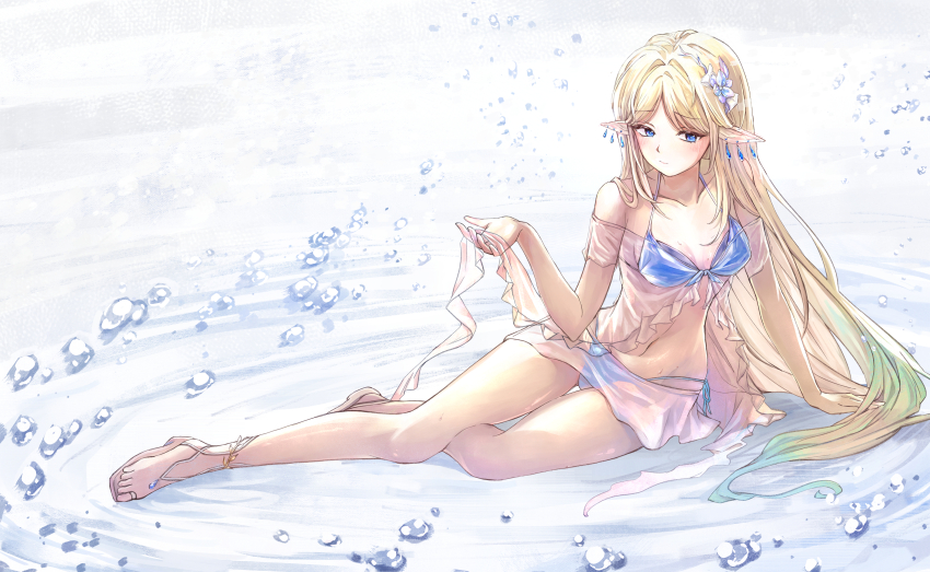 1girl absurdres alternate_costume arm_support bare_legs bare_shoulders bikini blonde_hair blue_bikini blue_eyes blue_flower breasts cartethyia_(wuthering_waves) closed_mouth collarbone commentary earrings feet flower front-tie_bikini_top front-tie_top full_body hair_flower hair_ornament highres jewelry jiji_(gjwr2448) legs light_blush long_hair looking_to_the_side medium_breasts navel pointy_ears sandals side-tie_bikini_bottom solo stomach swimsuit swimsuit_cover-up toes very_long_hair wuthering_waves