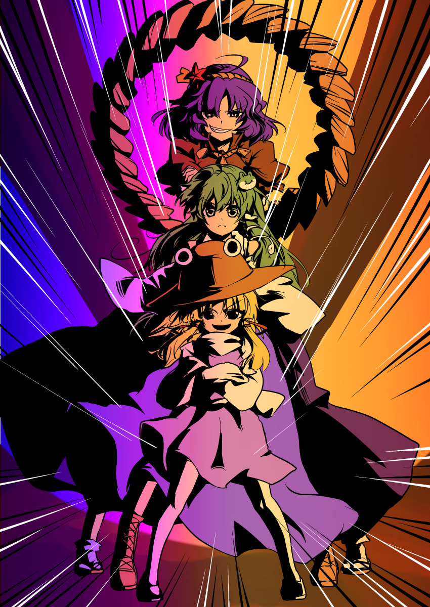 3girls absurdres bad_tag blonde_hair brown_hat crossed_arms frog_hair_ornament gradient_background group_picture gunbuster_pose hair_ornament hair_tubes hat highres kochiya_sanae leaf leaf_hair_ornament long_hair maple_leaf moriya_suwako motion_lines multiple_girls open_mouth ototachibana_rai purple_hair purple_skirt rope shimenawa short_hair single_hair_tube skirt smile snake_hair_ornament speed_lines touhou yasaka_kanako