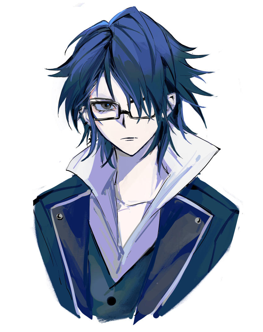1boy black-framed_eyewear black_eyes blue_hair blue_jacket blue_vest chinese_commentary closed_mouth commentary_request cropped_torso fushimi_saruhiko glasses hair_over_one_eye highres jacket k-project lapels male_focus open_clothes open_collar open_jacket pale_skin rectangular_eyewear shirt short_hair simple_background solo tuitangguxuanshou vest white_background white_shirt