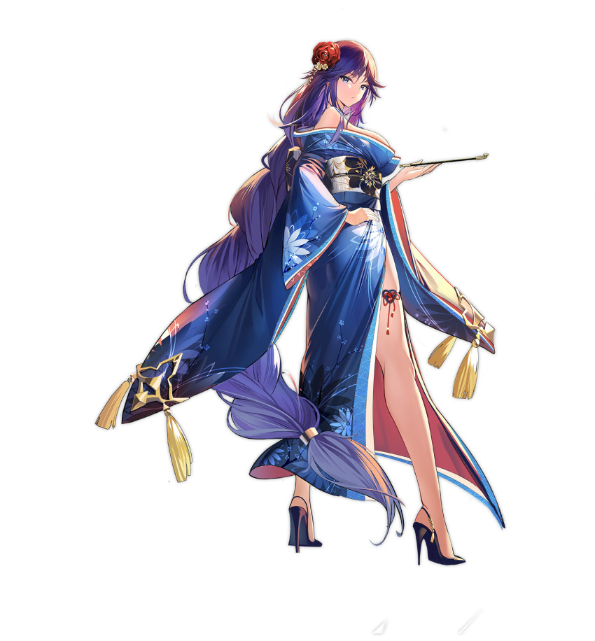 1girl absurdly_long_hair azur_lane bare_shoulders biloxi_(azur_lane) biloxi_(night_sky&#039;s_brilliant_blue_blossoms)_(azur_lane) black_footwear blue_kimono braid breasts floral_print flower full_body hair_flower hair_ornament high_heels highres holding holding_smoking_pipe japanese_clothes kimono long_hair looking_at_viewer looking_back medium_breasts off_shoulder official_alternate_costume official_art pavapo purple_eyes purple_hair red_flower sash single_braid smoking_pipe solo transparent_background very_long_hair white_sash wide_sleeves
