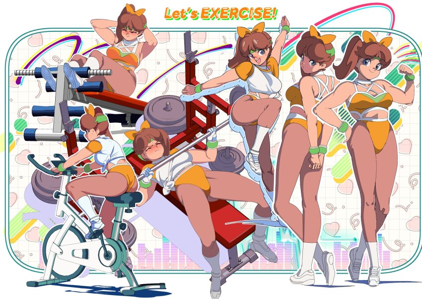 1girl alternate_hairstyle ass blue_eyes bow breasts brown_hair edoya_inuhachi exercising flexing green_headband hair_bow hand_on_own_hip headband heart highres large_breasts legs leotard long_hair looking_at_viewer mario_(series) multiple_views nintendo orange_bow orange_leotard princess_daisy push-ups shoes side_ponytail smile tomboy weightlifting white_shoes