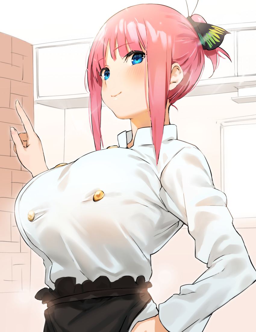 1girl arm_up blue_eyes breasts butterfly_hair_ornament chef collar commentary_request female_focus go-toubun_no_hanayome hair_ornament hand_on_own_hip highres huge_breasts kitchen large_breasts long_hair looking_at_viewer nakano_nino nekoshoko pink_hair raised_eyebrows shirt_tucked_in smile solo standing upper_body