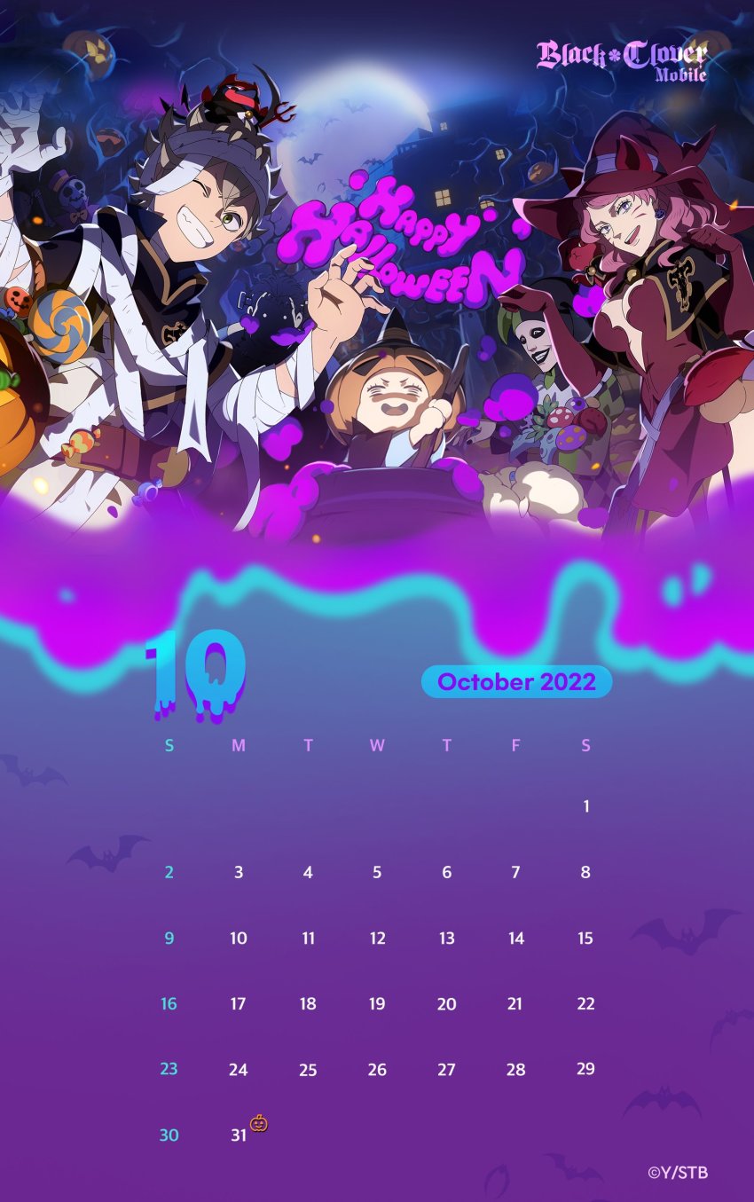 2022 absurdres asta_(black_clover) black_clover breasts calendar charmy_pappitson cleavage gordon_agrippa halloween highres jack-o&#039;-lantern large_breasts long_hair october official_art pink_hair purple_eyes vanessa_enoteca