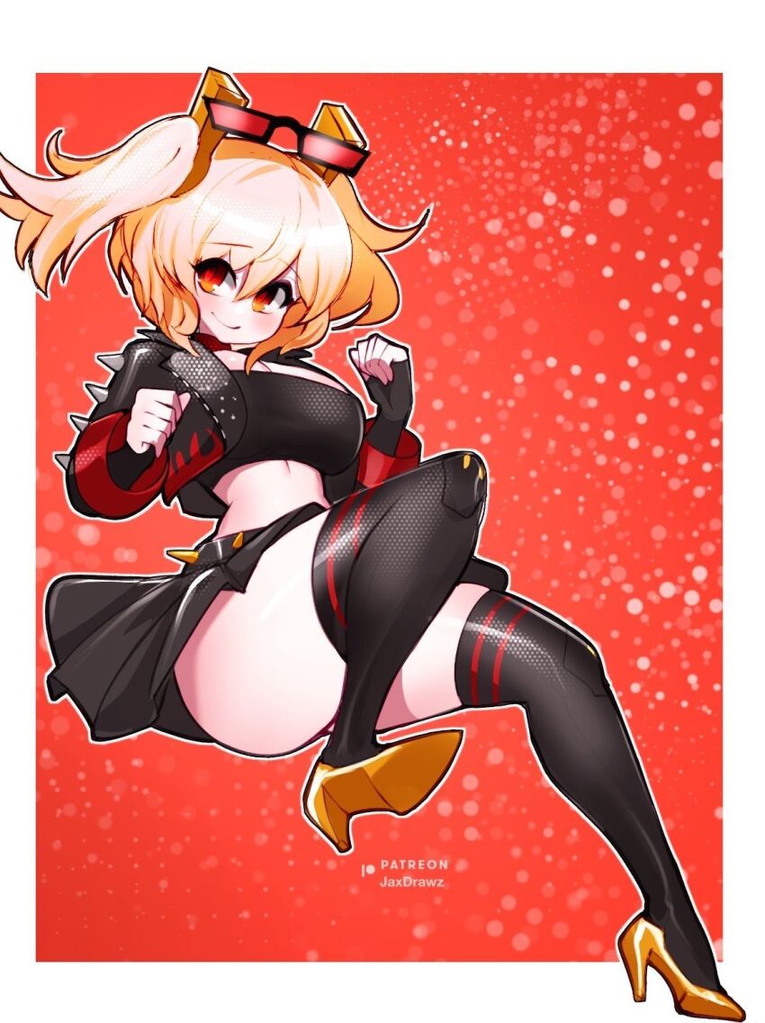 1girl black_jacket black_shirt black_skirt black_thighhighs blonde_hair breasts burnice_white commentary crop_top cropped_jacket eyewear_on_head flame_print full_body high_heels highres jacket jaxdrawz large_breasts midriff patreon_logo red-tinted_eyewear shirt shoes skirt solo thighhighs tinted_eyewear twitter_username yellow_shoes zenless_zone_zero