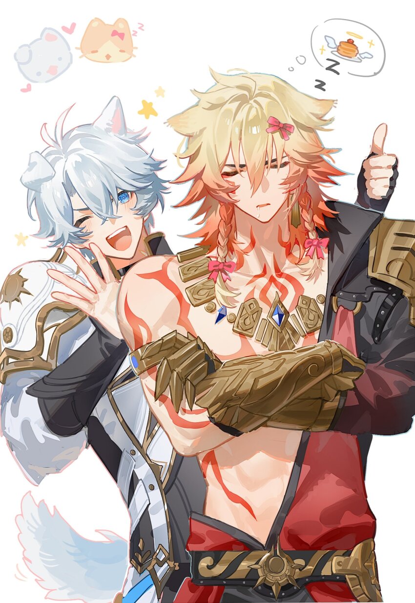 2boys abs animal_ears antenna_hair arm_tattoo armlet armor armored_gloves belt black_coat black_gloves black_shirt blonde_hair blue_eyes blue_hair braid chest_tattoo chinese_commentary closed_eyes coat collared_shirt commentary_request crossed_arms dog_ears dog_tail earrings facial_tattoo fingerless_gloves gloves gold_armlet gold_earrings gold_necklace gold_trim gradient_hair hair_between_eyes heart highres honkai:_star_rail honkai_(series) jewelry long_sleeves male_focus multicolored_hair multiple_boys mydei_(honkai:_star_rail) necklace one_eye_closed open_clothes open_coat open_mouth orange_eyes pauldrons phainon_(honkai:_star_rail) pink_ribbon red_hair red_tattoo ribbon saliva shirt shoulder_armor single_earring single_pauldron sleeping sleeping_upright smile star_(symbol) suirandanshihao tail tattoo teeth thumbs_up toned toned_male twin_braids upper_teeth_only vambraces white_background white_coat yaoi zzz
