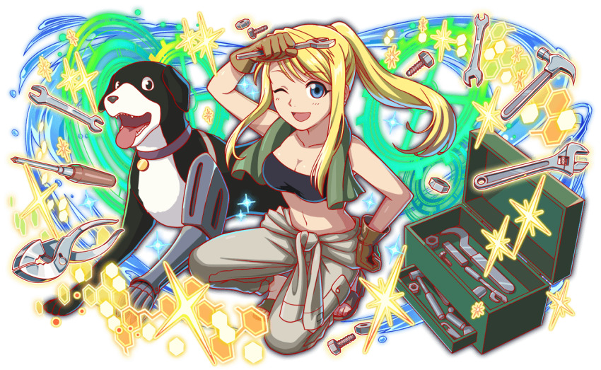 2girls ;d arm_up artist_request automail bandeau bare_arms bare_shoulders blonde_hair blue_eyes box breasts brown_gloves collar copyright_name crash_fever den_(fma) dog floating_hair full_body fullmetal_alchemist gloves hammer hand_on_own_hip happy looking_at_viewer multiple_girls navel official_art on_one_knee one_eye_closed open_mouth ponytail sandals screw screwdriver simple_background smile sparkle teeth third-party_source tongue tongue_out tools towel towel_around_neck transparent_background white_background winry_rockbell wrench
