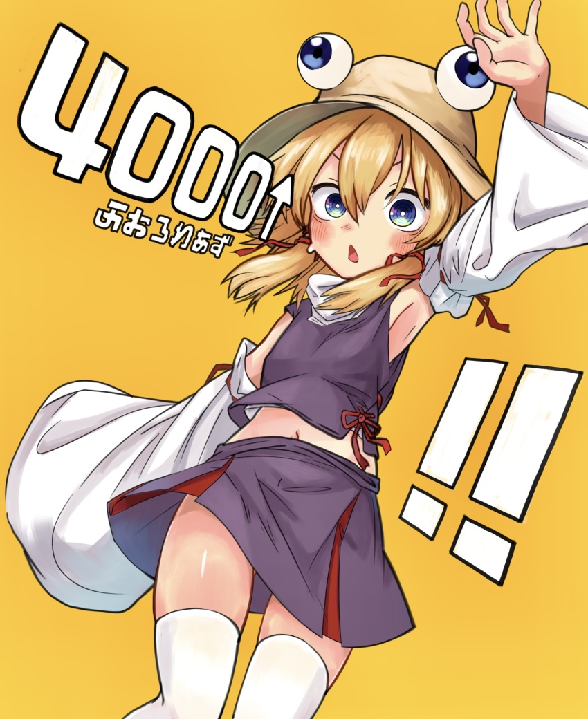 1girl arm_up armpits blush brown_headwear commentary_request detached_sleeves green_eyes highres looking_at_viewer medium_hair milestone_celebration moriya_suwako navel neritch open_mouth purple_skirt purple_vest sidelocks simple_background skirt solo thighhighs touhou vest white_thighhighs yellow_background