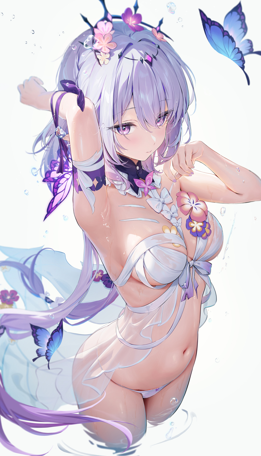 1girl absurdres adapted_costume arm_up armpits babydoll black_tiara blue_butterfly blush bow breasts bug butterfly castorice_(honkai:_star_rail) commentary english_commentary flower hair_between_eyes hair_bow hair_flower hair_ornament hand_up highres honkai:_star_rail honkai_(series) houkisei insect large_breasts long_hair looking_at_viewer nail_polish navel outdoors paid_reward_available panties parted_lips pink_flower pointy_ears purple_bow purple_eyes purple_hair purple_nails simple_background solo stomach tiara underwear very_long_hair wading wet white_babydoll white_background white_panties