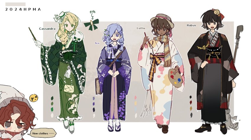 1boy 4girls alternate_costume animal animal_on_shoulder bag belt bird black_boots black_hair black_kimono black_sash black_skirt blonde_hair blunt_bangs book boots bow braid brown_belt brown_hair cassandra_vole chest_belt chinese_zodiac choker clenched_hand closed_mouth cloud commentary_request concept_art covered_mouth daniel_page day dot_nose dragon earrings english_text eyelashes eyeshadow fence ferret floral_print flower frilled_gloves frilled_skirt frills fringe_trim full_body fur_scarf gloves green_bow green_choker green_eyes green_jacket green_kimono grey_eyes grey_hair hair_bobbles hair_flower hair_intakes hair_ornament hair_over_one_eye hair_over_shoulder hairclip hakama hakama_skirt haori harry_potter:_magic_awakened harry_potter_(series) hat hatsumoude highres humi_humi ivy_warrington jacket japanese_clothes jewelry kimono light_blush light_particles long_hair long_skirt long_sleeves looking_at_viewer lottie_turner makeup mini_hat mini_top_hat mole mole_under_eye multiple_girls new_year obi one_eye_closed one_side_up open_mouth orange_bow outdoors outstretched_arm outstretched_hand owl own_hands_together path purple_eyes purple_flower purple_hakama purple_kimono red_flower red_kimono road robyn_thistlethwaite rope sash scarf shide short_hair short_kimono shoulder_bag skirt sky sleeves_past_wrists smile straw_hat striped_clothes striped_scarf studded_belt swept_bangs top_hat twin_braids waist_bow wavy_hair white_choker white_gloves white_hat white_jacket white_scarf white_skirt wide_sleeves winter wizarding_world x_hair_ornament year_of_the_dragon yellow_hat yellow_scarf