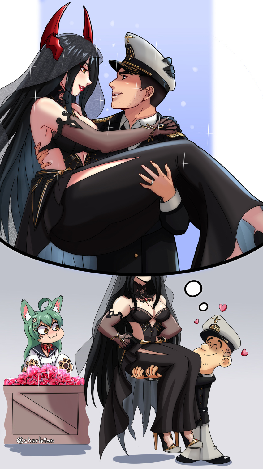 1boy 2girls absurdres akashi_(azur_lane) art_shift azur_lane black_dress black_gloves black_hair black_veil box breasts brown_eyes carrying charleian cleavage commander_(azur_lane) dress elbow_gloves eye_contact friedrich_der_grosse_(azur_lane) friedrich_der_grosse_(zeremonie_of_the_cradle)_(azur_lane) gem gloves green_hair hat heart high_heels highres horns imagining long_hair looking_at_another mechanical_horns military military_uniform multiple_girls naval_uniform peaked_cap princess_carry red_horns smile sparkle veil very_long_hair
