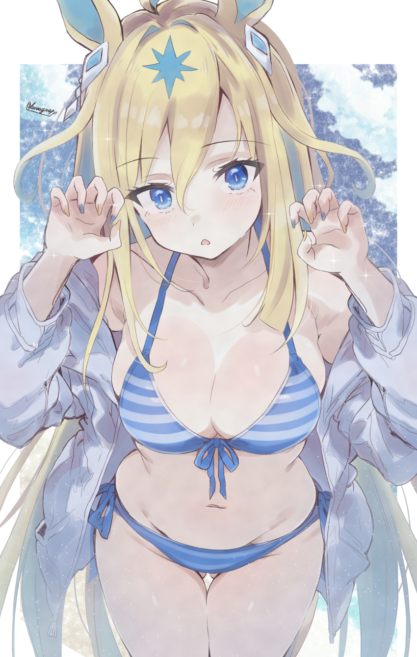 1girl ahoge alternate_costume animal_ears bikini blonde_hair blue_eyes blush breasts cleavage collarbone fingernails hair_ornament highres horse_ears horse_girl kannagiray looking_at_viewer multicolored_hair navel neo_universe_(umamusume) solo swimsuit twitter_username two-tone_hair umamusume white_background