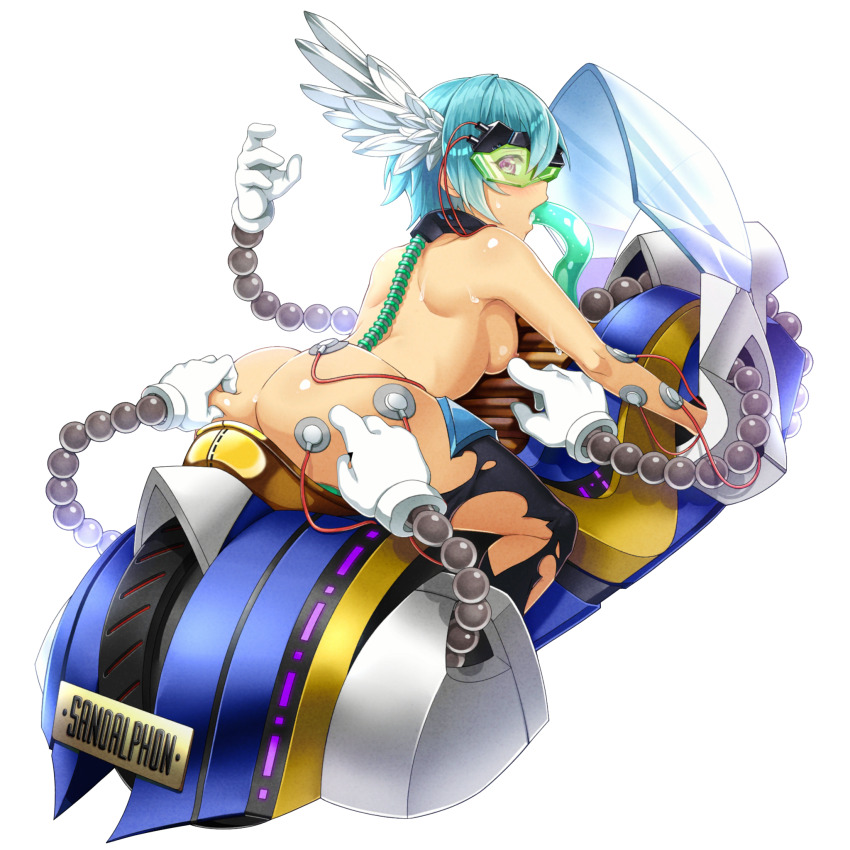 1girl ass back beige_skin blue_hair chair character_name feather_hair_ornament full_body grabbing_another&#039;s_ass groping hair_ornament headset highres looking_back machinery mechanical_arms mouth_object_insertion nanatsu_no_bitoku nipple_slip nipples nude purple_hair robot saliva sandalphon_(nanatsu_no_bitoku) sexually_suggestive sitting tentacles tentacles_in_mouth torn_clothes transparent_background