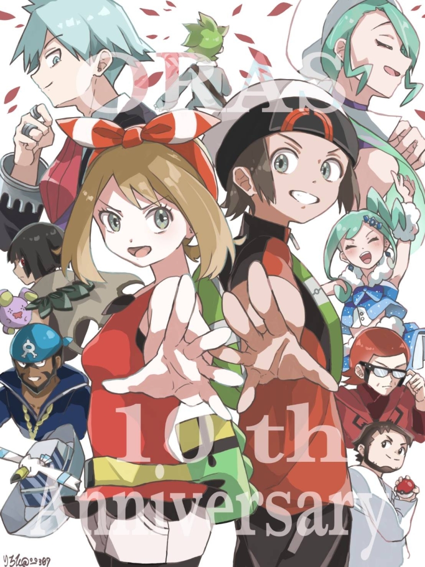3girls 6+boys :d anniversary archie_(pokemon) beanie professor_birch bow_hairband brendan_(pokemon) brown_hair commentary_request eyelashes falling_petals fanny_pack gen_3_pokemon green_bag grey_eyes grin hairband hat highres holding holding_poke_ball lisia_(pokemon) maxie_(pokemon) may_(pokemon) multiple_boys multiple_girls nintendo o_o307 open_mouth pants petals poke_ball poke_ball_(basic) pokemon pokemon_(creature) pokemon_oras red_hairband red_shirt shirt short_hair short_sleeves shorts sleeveless sleeveless_shirt smile spread_fingers steven_stone teeth tongue wallace_(pokemon) wally_(pokemon) whismur white_background white_hat white_shorts wingull zinnia_(pokemon)