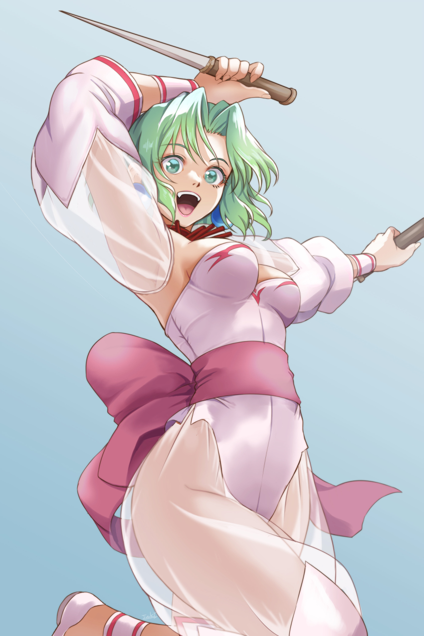 1girl :d absurdres back_bow blue_background bow breasts cowboy_shot dagger dual_wielding earrings ellis_(toushinden) from_below green_eyes green_hair highres holding ivuki jewelry knife leotard looking_at_viewer medium_breasts necklace open_mouth parted_bangs pink_bow reverse_grip round_teeth see-through_clothes see-through_sleeves shoes short_hair simple_background smile solo standing standing_on_one_leg teeth tongue toushinden weapon white_leotard white_shoes