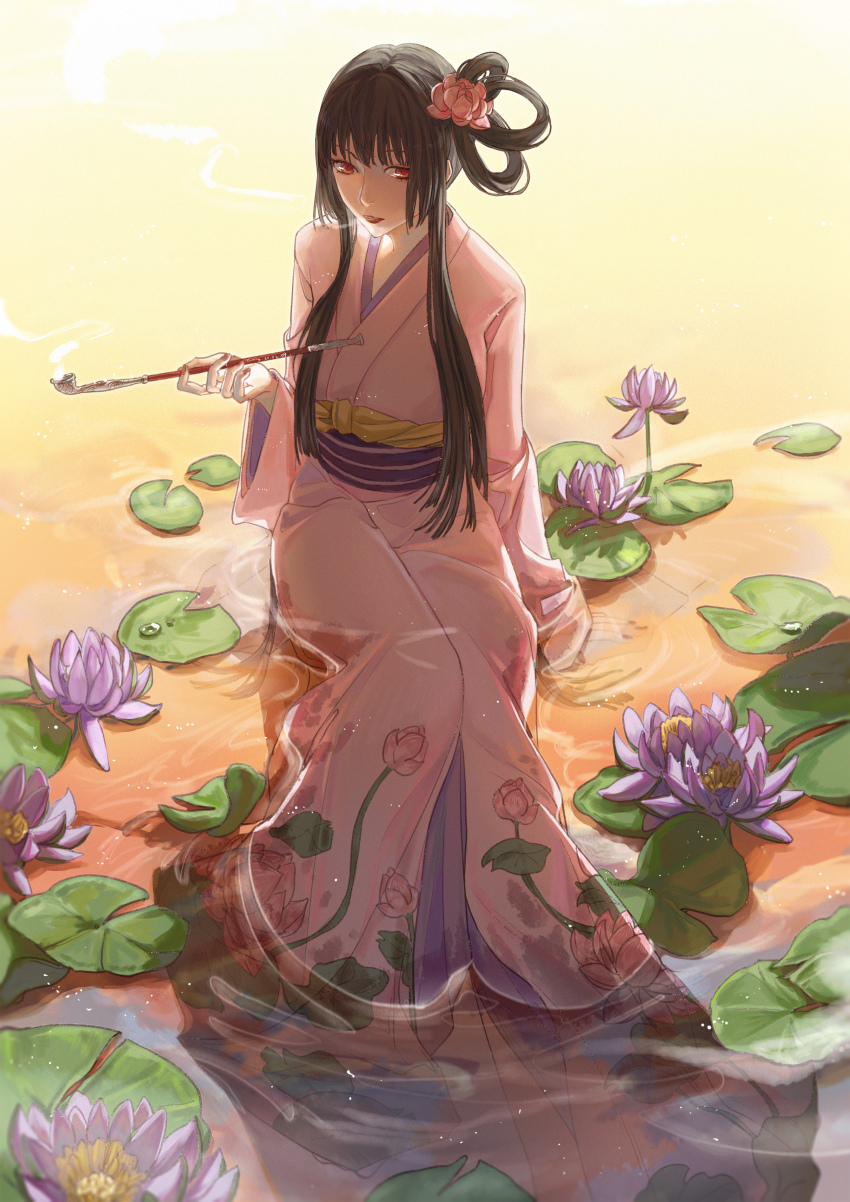 1girl absurdres arm_at_side arm_support backlighting black_hair blowing_smoke blunt_bangs breasts cemony dew_drop feet_out_of_frame floral_print flower hair_flower hair_ornament hair_rings hand_up highres holding holding_smoking_pipe ichihara_yuuko japanese_clothes kimono kiseru lily_pad long_sleeves looking_at_viewer lotus medium_breasts nail_polish nature obi parted_lips partially_submerged pink_flower pink_kimono pond purple_flower red_eyes red_lips red_nails sash sidelocks sitting smoke smoking smoking_pipe solo twilight updo water water_drop water_lily_flower wet wet_clothes