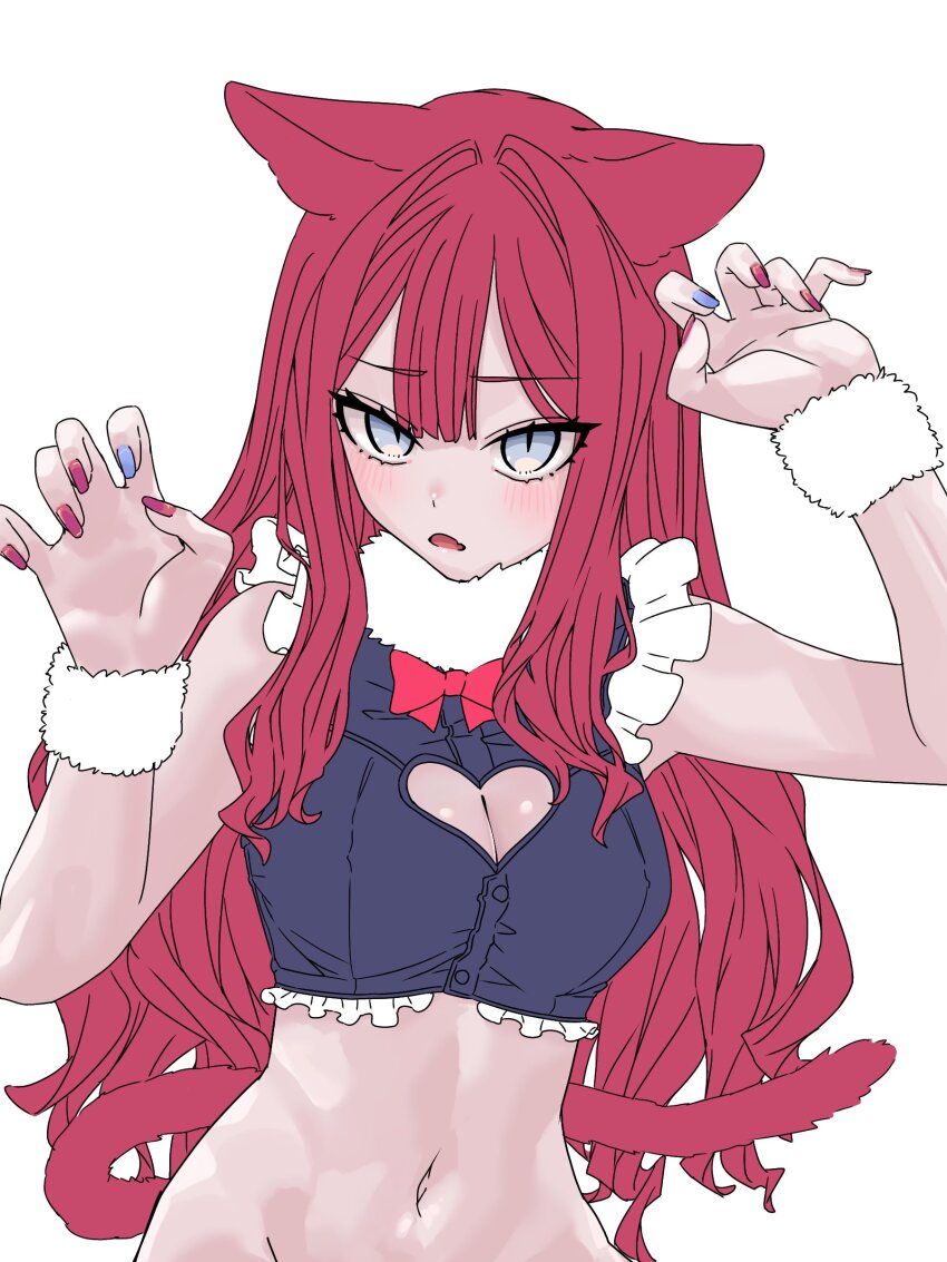 1girl absurdres animal_ears baobhan_sith_(fate) blush breasts cat_ears claw_pose cleavage cleavage_cutout clothing_cutout crop_top fate/grand_order fate_(series) grey_eyes hands_up heart_cutout highres long_hair looking_at_viewer navel niwaikanai open_mouth pink_hair solo white_background