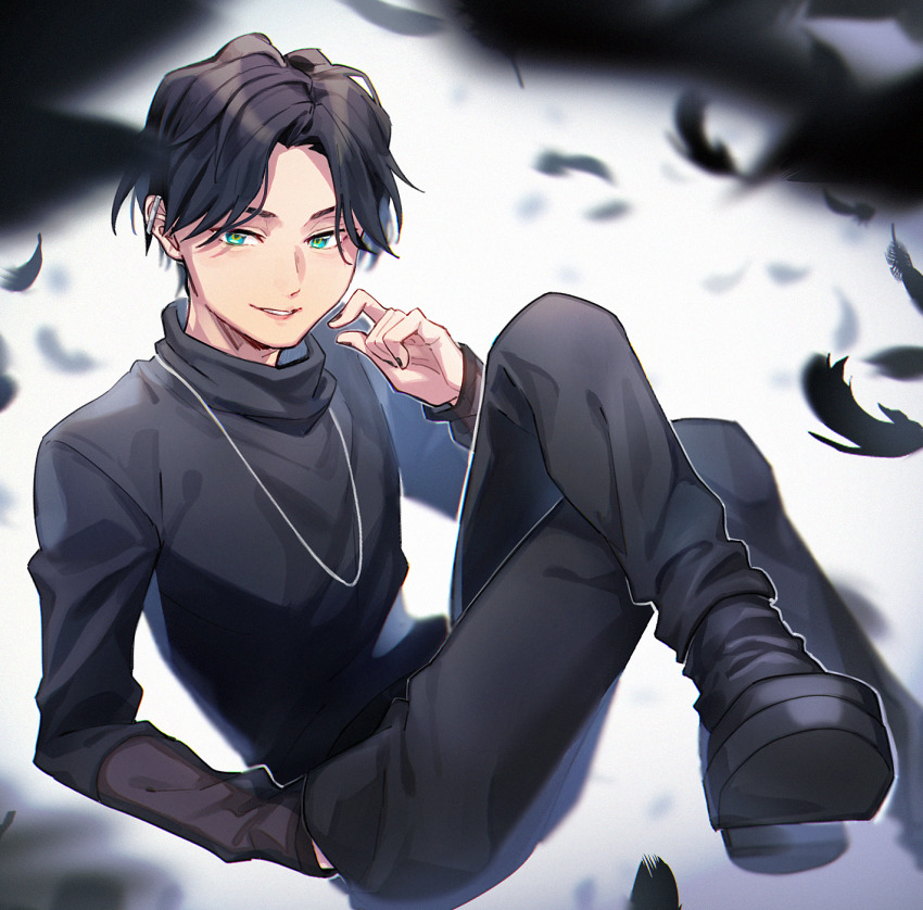 1boy aam09212 adk-em aqua_eyes bandai bandai_namco bishounen black_feathers black_pants black_shirt black_sleeves blouse commentary_request crossed_legs ear_piercing evil_smile feathers goth_fashion highres ishimori_prod jewelry kagerou_(kamen_rider_revice) kamen_rider kamen_rider_revice male_focus necklace pants piercing see-through_clothes see-through_sleeves shirt shoes sitting smile spoilers toei_company tokusatsu tv_asahi