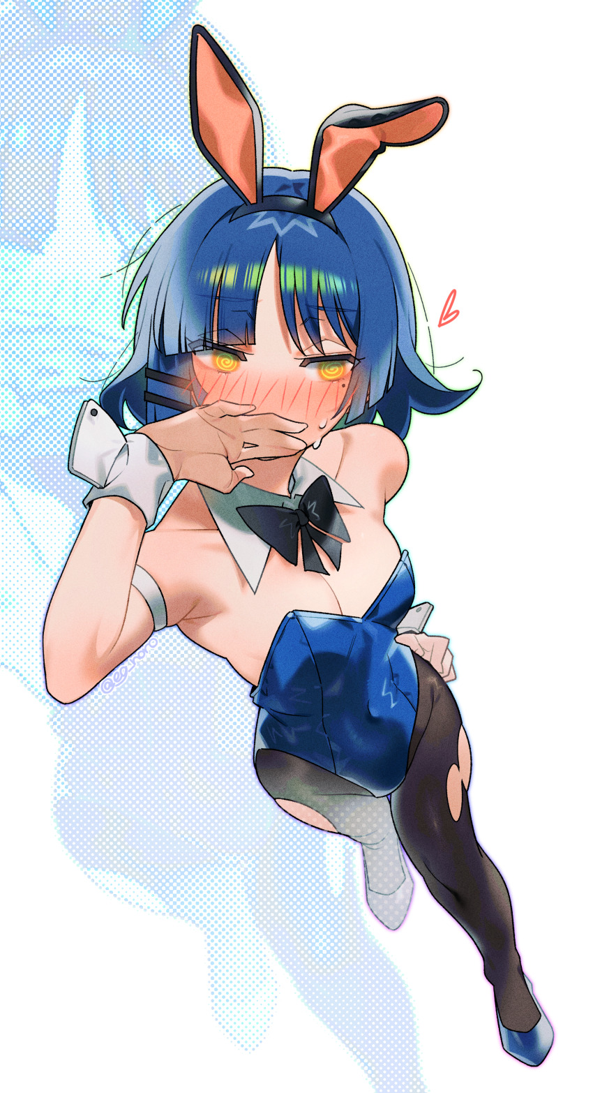 1girl @_@ absurdres animal_ears armband black_bow black_bowtie blue_hair blue_leotard blush bocchi_the_rock! bow bowtie covered_navel covering_own_mouth detached_collar embarrassed fake_animal_ears hair_ornament hairclip highres leotard mole mole_under_eye pantyhose playboy_bunny rabbit_ears short_hair simple_background sofa_(enogunomu) solo torn_clothes torn_pantyhose white_background wrist_cuffs yamada_ryo yellow_eyes