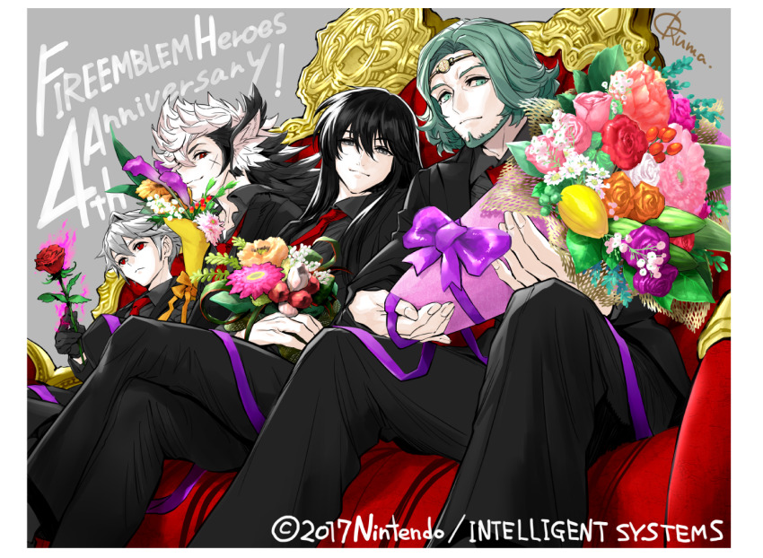 4boys animal_ears anniversary beard black_hair black_suit bouquet chaise_longue circlet company_name copyright_name couch crossed_legs facial_hair fire_emblem fire_emblem:_genealogy_of_the_holy_war fire_emblem:_three_houses fire_emblem_awakening fire_emblem_fates fire_emblem_heroes flower formal_clothes green_eyes green_hair grima_(fire_emblem) holding holding_bouquet holding_flower keaton_(fire_emblem) long_hair looking_at_viewer male_focus male_robin_(fire_emblem) multicolored_hair multiple_boys necktie nintendo official_art okuma_yuugo on_couch red_eyes red_necktie rose scar scar_on_face seteth_(fire_emblem) shannan_(fire_emblem) short_hair signature sitting suit two-tone_hair white_hair wolf_boy wolf_ears