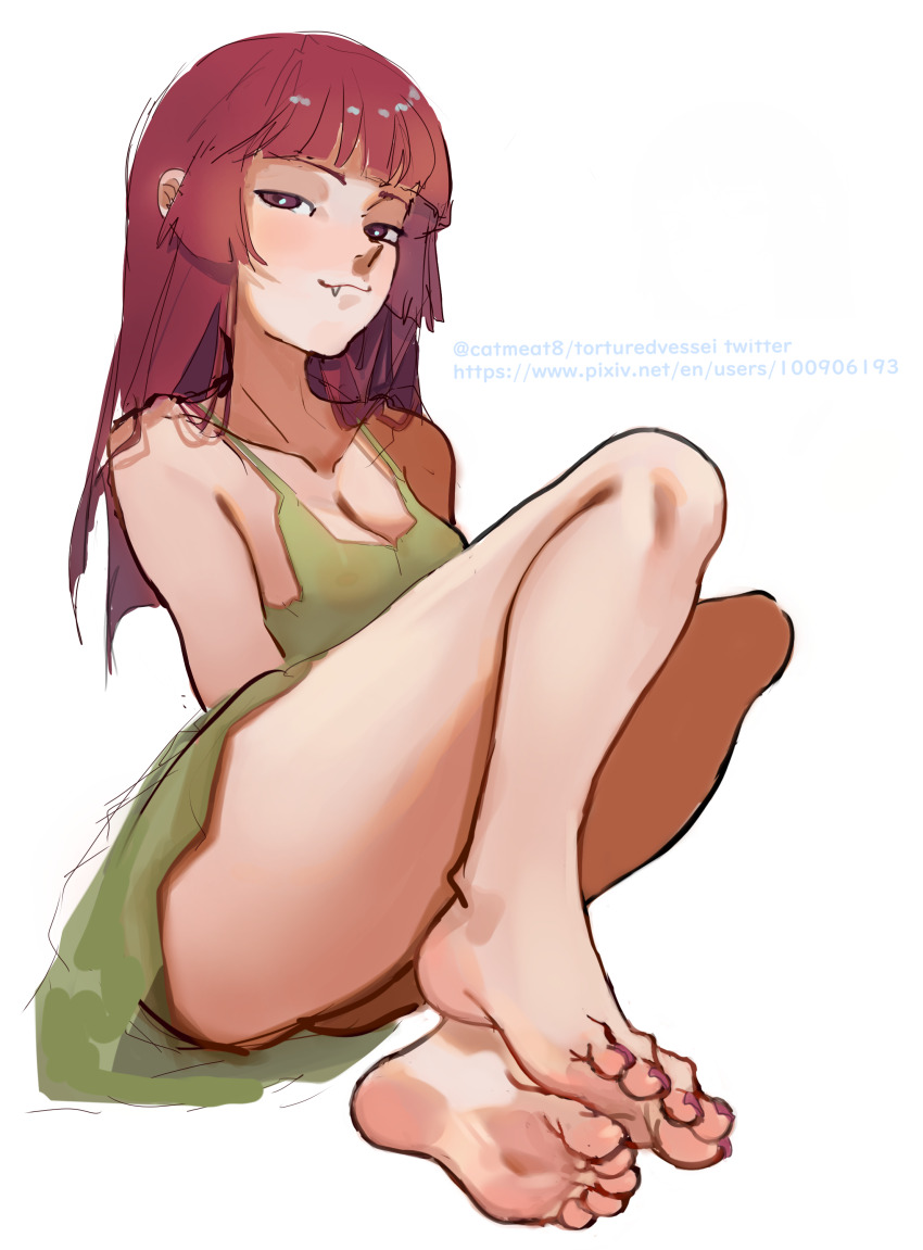 1girl absurdres barefoot blush bocchi_the_rock! breasts cleavage feet highres hiroi_kikuri long_hair looking_at_viewer meatcat red_eyes red_hair smile soles toes