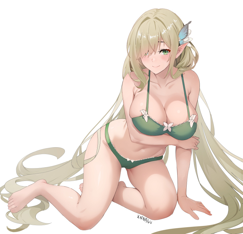 1girl absurdres armpit_crease artist_name azur_lane bare_shoulders barefoot blonde_hair bra breasts cleavage closed_mouth collarbone de_zeven_provincien_(azur_lane) de_zeven_provincien_(snuggling_for_warmth)_(azur_lane) full_body green_bra green_eyes green_panties hair_intakes hair_over_one_eye highres large_breasts large_variant_set long_hair navel official_alternate_costume panties pointy_ears simple_background smile solo stomach toes underwear variant_set very_long_hair xnnagu