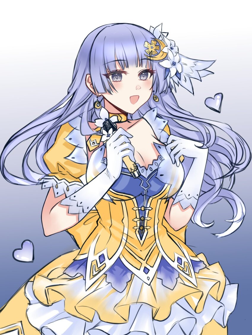 1girl blush breasts cleavage date_a_live dress gloves grey_eyes grey_hair highres izayoi_miku long_hair solo