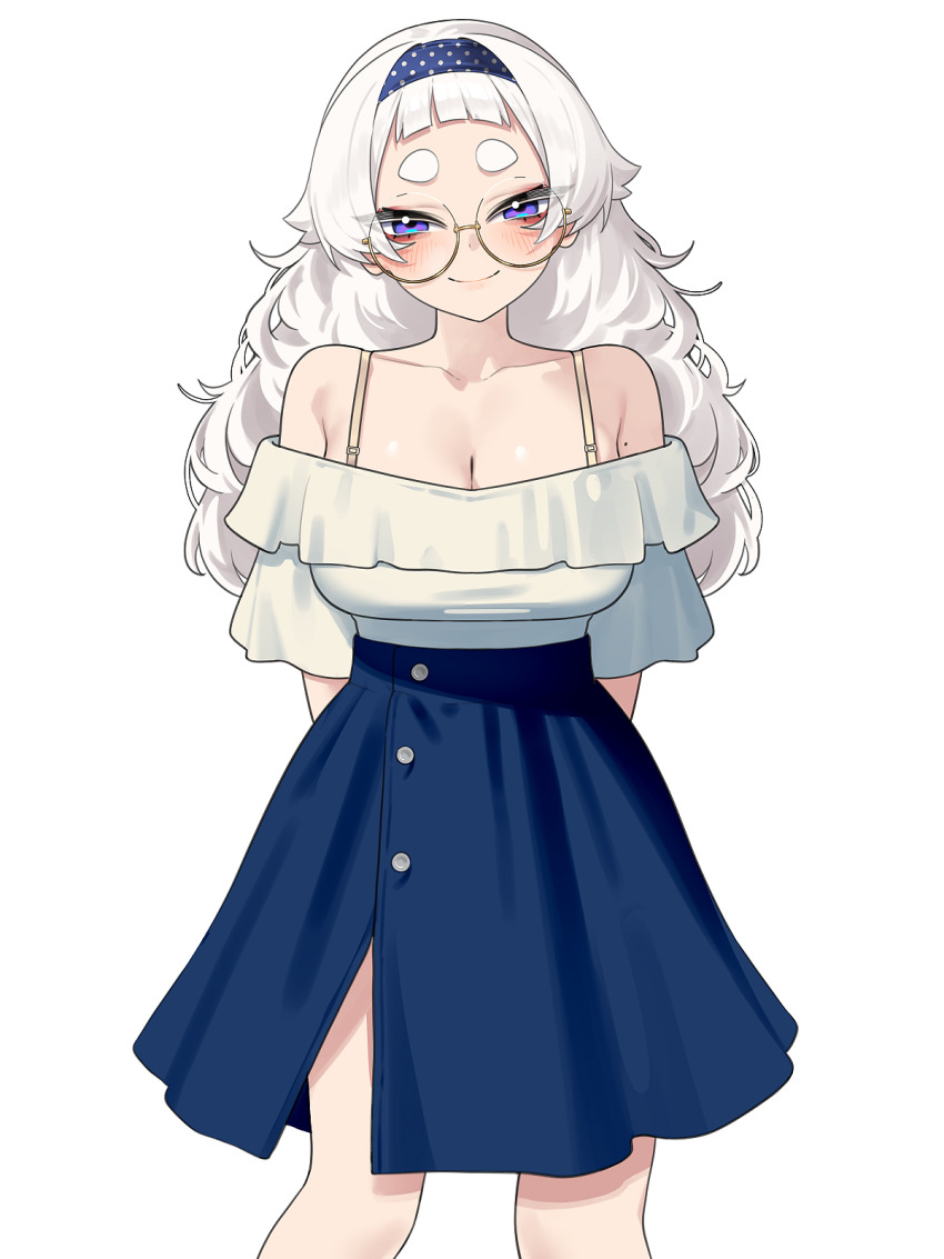 1girl bare_shoulders blue_hairband blue_skirt blunt_bangs breasts cleavage closed_mouth commentary feet_out_of_frame front_slit glasses hairband highres large_breasts long_hair looking_at_viewer meg_(wakamepiza) mole mole_on_armpit off-shoulder_shirt off_shoulder original polka_dot_hairband purple_eyes round_eyewear semi-rimless_eyewear shirt short_eyebrows simple_background skirt smile solo standing symbol-only_commentary thick_eyebrows under-rim_eyewear very_long_hair wakamepiza white_background white_hair white_shirt yellow-framed_eyewear