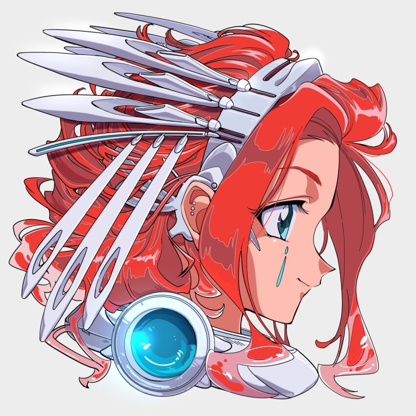 1girl aqua_collar aqua_eyes closed_mouth collar cropped_shoulders curtained_hair ear_piercing from_side grey_background hairband head headgear highres light_smile looking_ahead medium_hair original piercing red_hair science_fiction sidelocks simple_background smile solo white_collar white_hairband yo-co