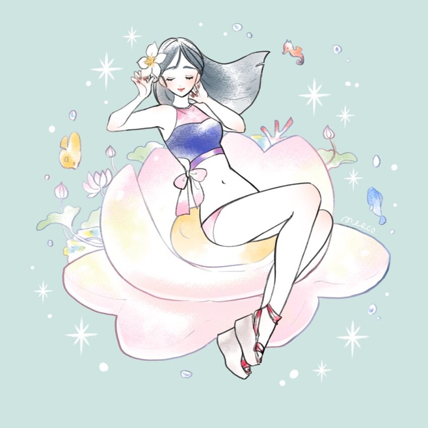 1girl adapted_costume animification black_hair chinese_clothes coral_reef fa_mulan_(disney) fish flower fush hanfu holding long_hair makeup meecosme mulan_(movie) seahorse shirt simple_background smile solo