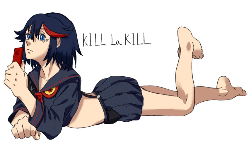 10s 1girl bad_id bad_pixiv_id barefoot black_hair blue_eyes digital_media_player female_focus highres ipod kill_la_kill lying matoi_ryuuko matoi_sakuretsu midriff on_stomach school_uniform senketsu serafuku skirt solo suspenders toes