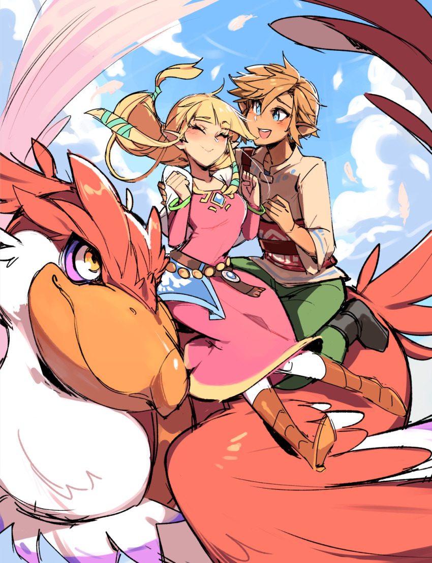1boy 1girl almightychiru animal bird blonde_hair blunt_bangs blush breasts brown_shirt clenched_hands closed_eyes closed_mouth cloud commentary day dress english_commentary feathers green_eyes green_pants hair_between_eyes hands_up happy highres link long_hair long_sleeves looking_at_another nintendo pants pink_dress princess_zelda shirt short_hair small_breasts smile the_legend_of_zelda the_legend_of_zelda:_skyward_sword