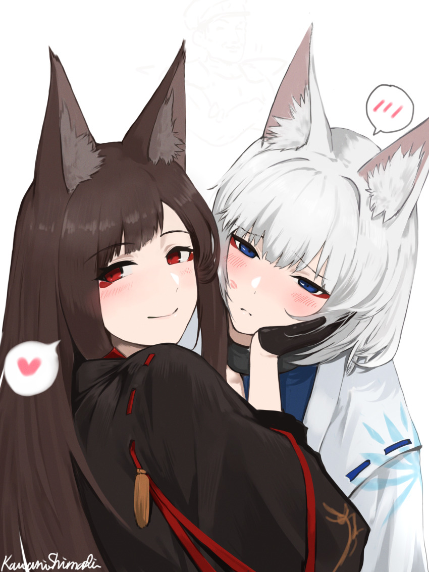 2girls absurdres akagi_(azur_lane) akizuki_(17769498) animal_ear_fluff animal_ears azur_lane black_gloves black_haori blue_eyes blush brown_hair closed_mouth commentary_request embarrassed eyeliner eyeshadow fox_ears fox_girl fox_mask gloves hair_tubes hand_on_another&#039;s_cheek hand_on_another&#039;s_face haori heart highres incest japanese_clothes kaga_(azur_lane) light_frown lipstick_mark_on_cheek long_hair looking_at_viewer makeup mask multiple_girls red_eyes short_hair siblings signature simple_background sisters smug spoken_blush spoken_heart when_you_see_it white_background white_hair white_haori yuri