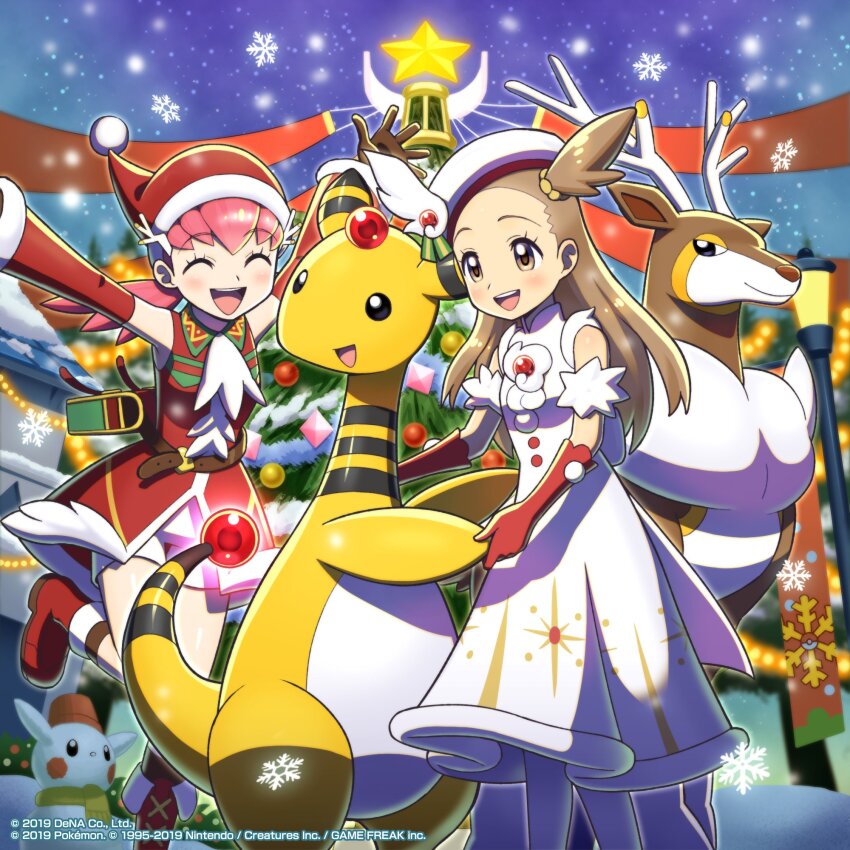 2girls :d ampharos belt blush boots brown_belt brown_eyes brown_hair christmas christmas_lights christmas_tree closed_eyes commentary_request dress eyelashes gen_2_pokemon gen_5_pokemon gloves hat highres jasmine_(holiday_2022)_(pokemon) jasmine_(pokemon) leg_up long_hair multiple_girls night nintendo official_alternate_costume official_art one_side_up open_mouth outdoors pantyhose pink_hair pokemon pokemon_(creature) pokemon_masters_ex red_footwear red_headwear sakuma_sanosuke santa_hat sawsbuck sawsbuck_(winter) shorts sky smile snow_sculpture snowflakes snowing teeth tongue upper_teeth_only white_dress white_headwear white_pantyhose white_shorts whitney_(holiday_2022)_(pokemon) whitney_(pokemon)