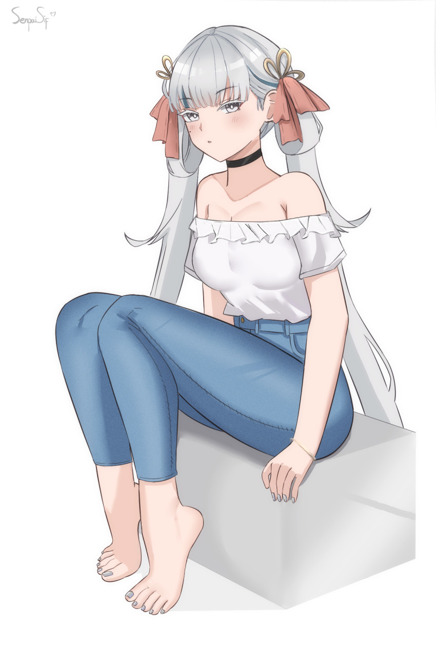 1girl alternate_costume bare_shoulders barefoot black_choker blush bow breasts bright_pupils choker colored_eyelashes commentary denim feet hair_bow highres jeans jinhsi_(wuthering_waves) large_breasts long_hair looking_at_viewer low_twintails mole mole_on_cheek multiple_hair_bows nail_polish off-shoulder_shirt off_shoulder pants red_bow senpaisif shirt signature simple_background sitting solo toenail_polish toenails toes twintails white_background white_eyelashes white_eyes white_nails white_pupils white_shirt wuthering_waves