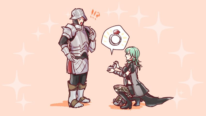 !? 1boy 1girl armor bad_id bad_twitter_id black_footwear black_legwear black_pants boots female_byleth_(enlightened)_(fire_emblem) female_byleth_(fire_emblem) cape commentary engagement_ring english_commentary fire_emblem fire_emblem:_three_houses gatekeeper_(fire_emblem) green_hair helmet hetero hoshigaki_(hsa16g) jewelry marriage_proposal medium_hair nintendo on_one_knee ornate_ring pants pink_background pointing pointing_at_self ring shorts simple_background sparkle spoken_object surprised