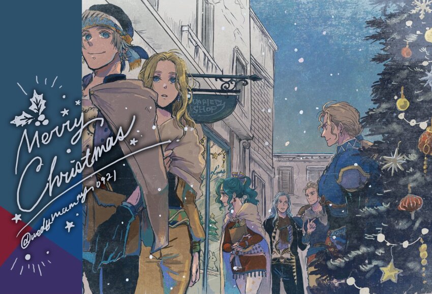 2girls 4boys armor black_gloves black_jacket black_pants blonde_hair blue_eyes brick_wall brown_cloak building celes_chere christmas_ornaments christmas_tree cloak closed_mouth dated dress earrings edgar_roni_figaro facial_scar final_fantasy final_fantasy_vi gloves green_hair grey_hair hair_bobbles hair_ornament hair_ribbon headscarf jacket jewelry locke_cole long_hair low_ponytail merry_christmas multiple_boys multiple_girls outdoors pants parted_bangs parted_lips polka_dot polka_dot_legwear ponytail red_dress red_sleeves ribbon sabin_rene_figaro scar scar_across_eye scar_on_cheek scar_on_face setzer_gabbiani short_hair shoulder_armor smile snow storefront strapless strapless_dress talking tina_branford town tube_dress twitter_username uedymummy0921 upper_body wavy_hair yellow_pants