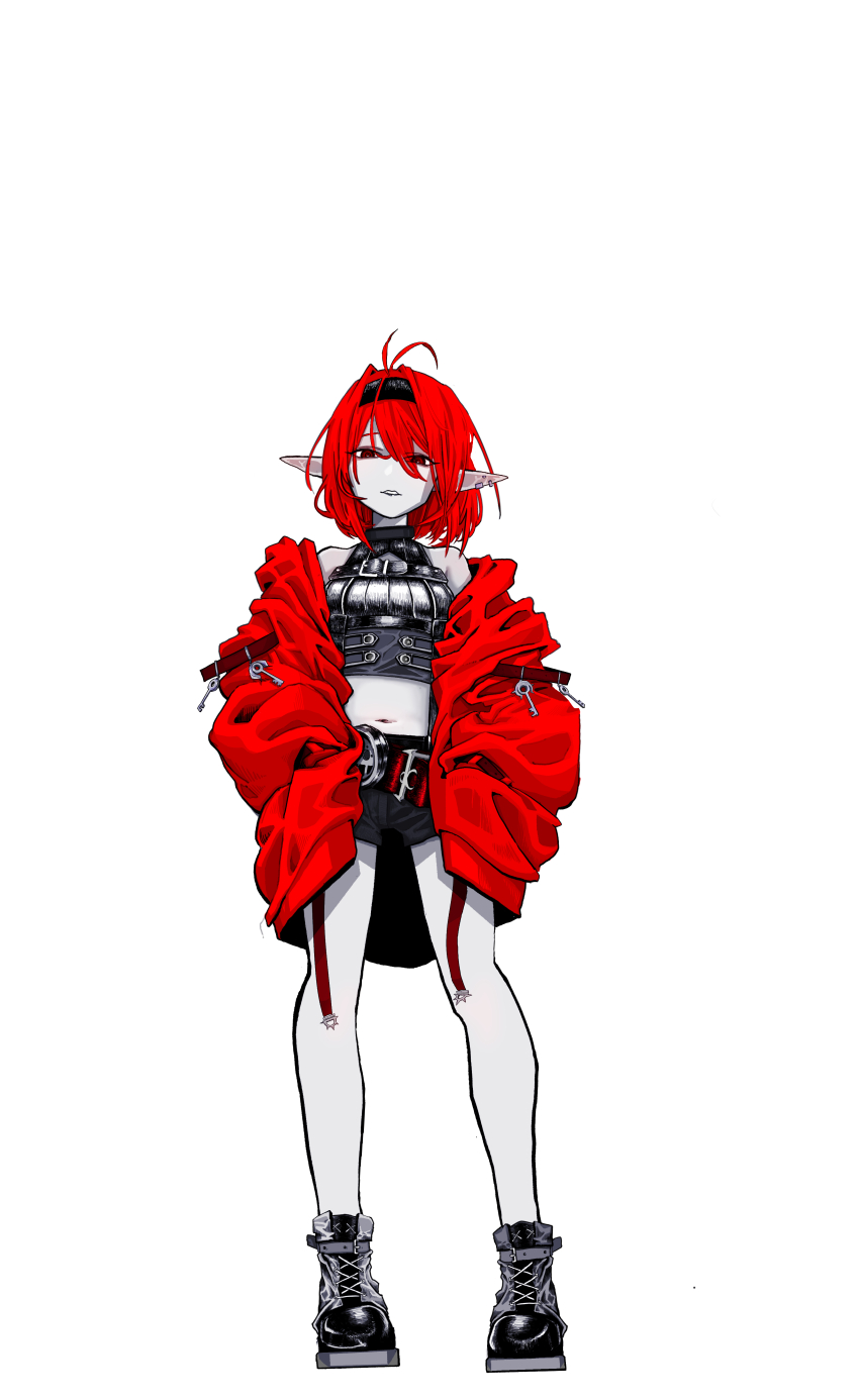 1girl absurdres detached_sleeves dungeon_and_fighter female_mage_(dungeon_and_fighter) full_body highres jacket jagal looking_at_viewer midriff navel pointy_ears red_eyes red_hair red_jacket short_hair short_shorts shorts solo standing summoner_(dungeon_and_fighter) white_background