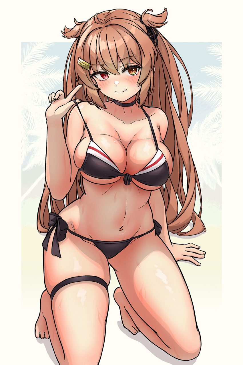 1girl :p arthur_ko bare_legs barefoot bikini black_bikini black_choker breasts brown_hair choker cleavage closed_mouth collarbone commentary_request feet hair_between_eyes hair_ornament hair_ribbon hairclip highres kantai_collection large_breasts long_hair looking_at_viewer murasame_(kancolle) navel red_eyes ribbon sidelocks skindentation solo swimsuit thigh_strap toes tongue tongue_out underboob