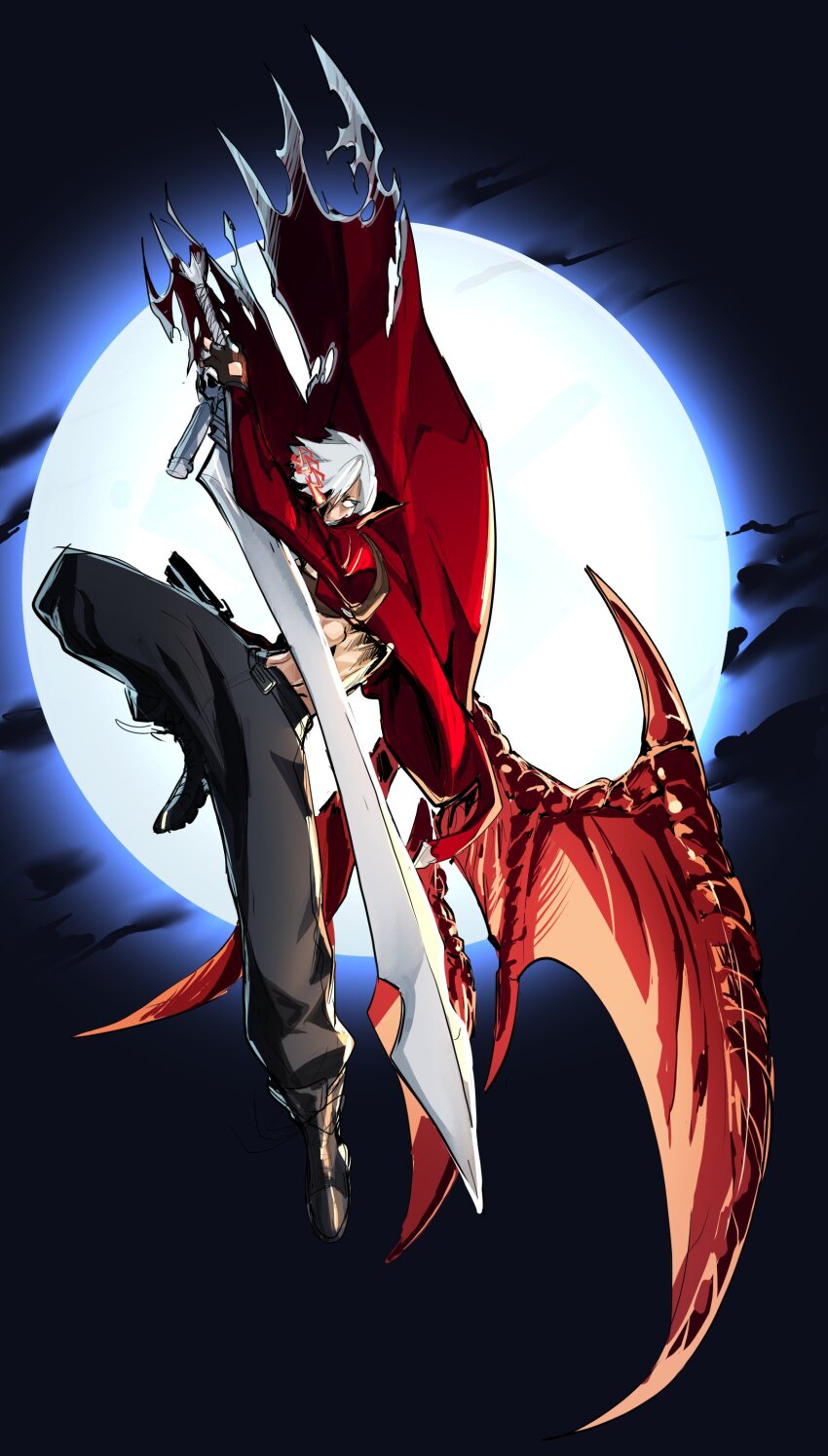 1boy absurdres black_footwear black_pants boots coat dante_(devil_may_cry) demon_wings devil_may_cry devil_may_cry_(series) devil_may_cry_3 full_moon highres holding holding_sword holding_weapon moon night night_sky no_shirt pants pendingshift rebellion_(sword) red_coat sky sword weapon white_hair wings