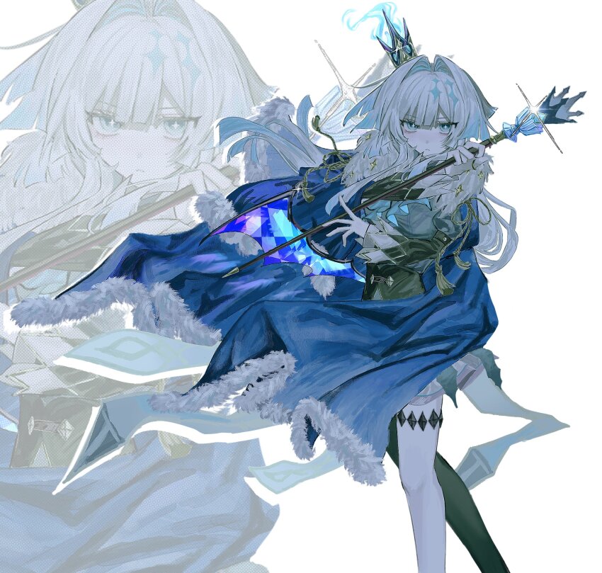 0ix_xi 1girl bat_wings blue_cape cape cerydra_(honkai:_star_rail) commentary_request crown determined fur_trim gradient_hair hair_intakes highres holding holding_staff honkai:_star_rail honkai_(series) long_hair mini_crown multicolored_hair simple_background solo staff star-shaped_pupils star_(symbol) symbol-shaped_pupils white_background white_hair wings