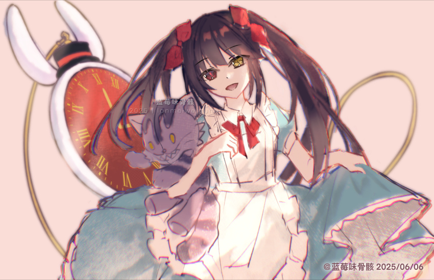1girl absurdres alice&#039;s_adventures_in_wonderland alice_(alice_in_wonderland) alice_(alice_in_wonderland)_(cosplay) alternate_costume apron blue_dress bow brown_hair clothes_lift cosplay date_a_live dress dress_lift hair_bow highres lanmeiweiguhai3 lifting_own_clothes looking_at_viewer open_mouth red_bow red_eyes smile solo tokisaki_kurumi white_apron yellow_eyes