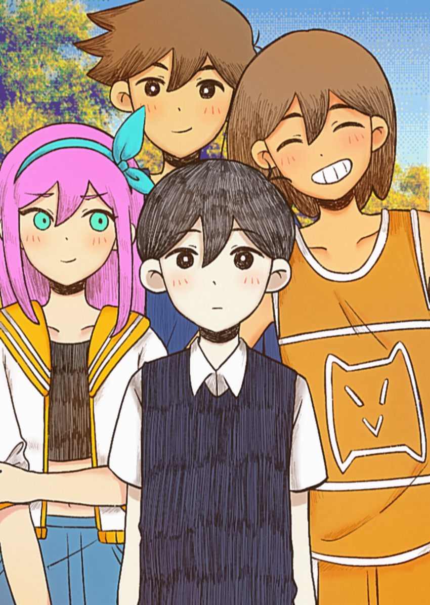 1girl 3boys absurdres antenna_hair aubrey_(faraway)_(omori) aubrey_(omori) bailan1130 black_eyes black_hair black_sweater_vest blue_eyes blue_hairband blue_skirt blue_sweater blush bright_pupils brothers brown_hair closed_eyes closed_mouth collarbone collared_shirt crop_top dark-skinned_male dark_skin day denim denim_skirt grin hairband hatching_(texture) hero_(faraway)_(omori) hero_(omori) highres jacket kel_(faraway)_(omori) kel_(omori) long_hair looking_at_viewer multiple_boys navel omocat_(style) omori outdoors parted_lips pink_hair shirt short_hair short_sleeves siblings skirt smile straight-on sunny_(omori) sweater sweater_vest teeth upper_body white_jacket white_pupils white_shirt